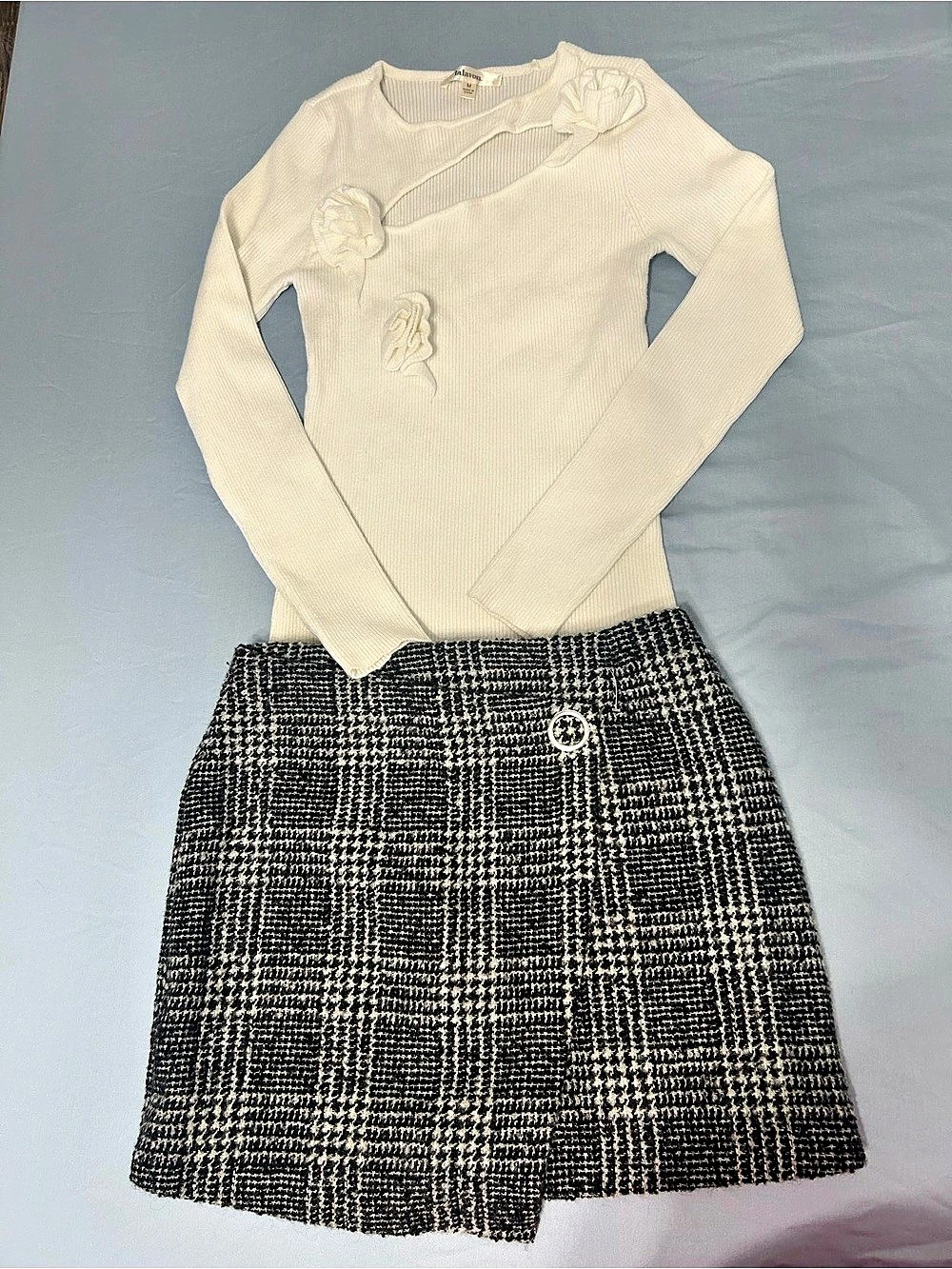 Divided by H&M Plaid Mini Skirt Set Black & White Size 6 and long-sleeve ribbed